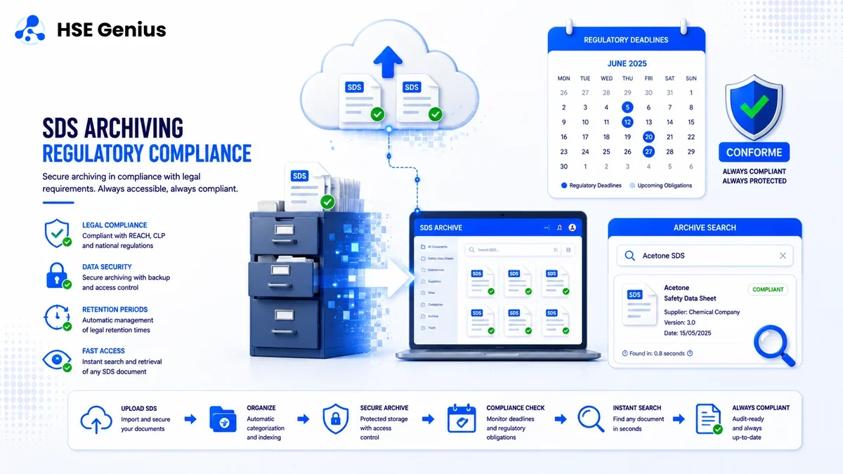 Infografica sull'archiviazione SDS digitale: obblighi normativi REACH, cloud storage e scadenze di conformità — HSE Genius