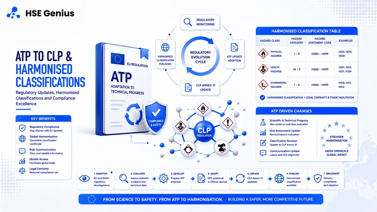 Infografica sugli aggiornamenti ATP al CLP: classificazioni armonizzate ECHA e tabelle di pericolosità H200-H400 — HSE Genius