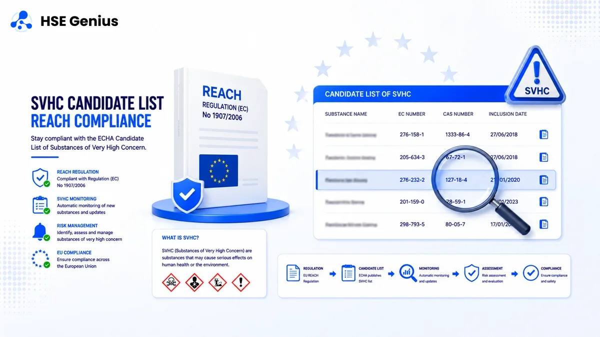 Infografica sulla Candidate List SVHC: sostanze molto preoccupanti, obblighi REACH e regolamento europeo — HSE Genius