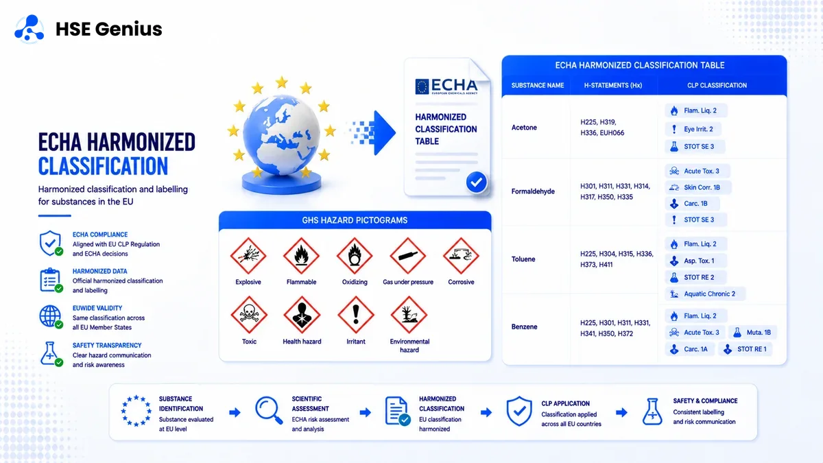 Infografica sulla classificazione armonizzata ECHA: tabelle CLP con sostanza, frasi Hx e pittogrammi GHS — HSE Genius