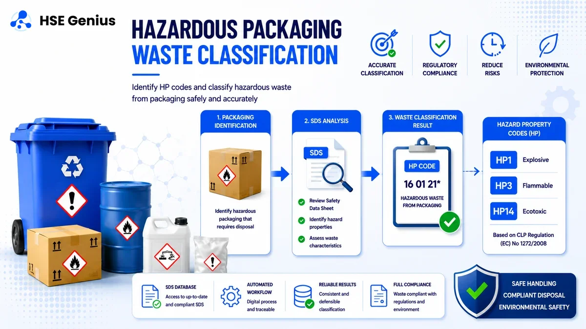 Infografica sulla classificazione dei rifiuti da imballaggi pericolosi: flowchart codici HP e analisi SDS — HSE Genius