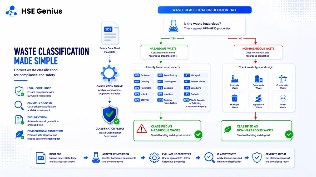 Infografica sulla classificazione dei rifiuti: albero decisionale pericoloso/non pericoloso e badge codici HP1-HP15 — HSE Genius