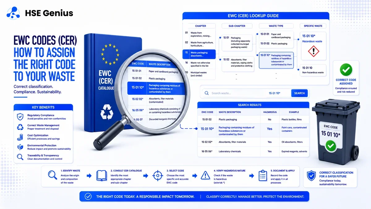 Infografica sui codici CER: lente di ingrandimento su catalogo numerico 15 01 10* e albero categorie rifiuti — HSE Genius