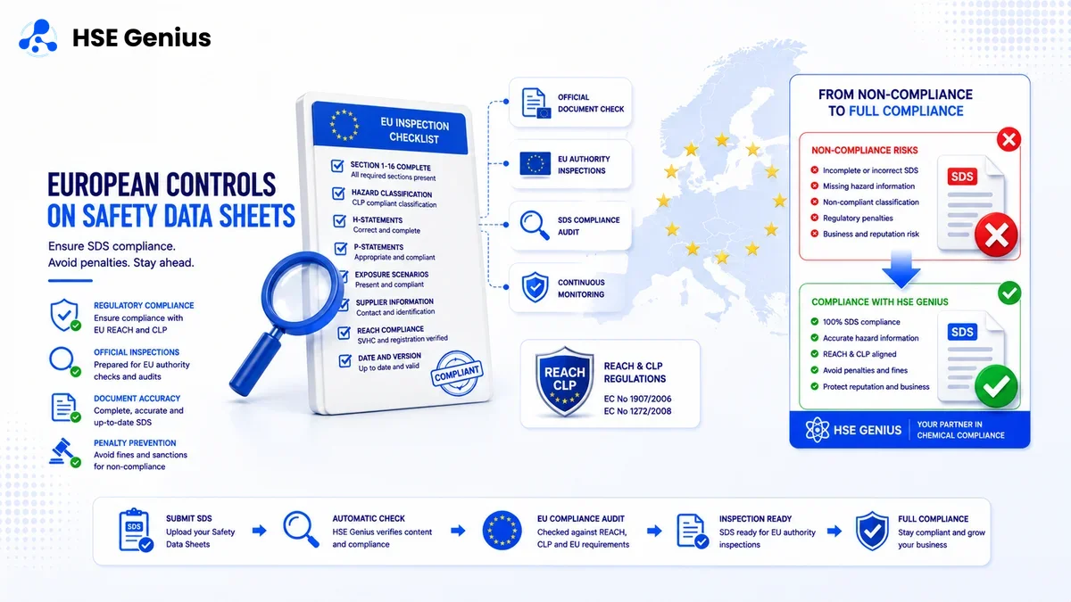Infografica sui controlli europei SDS: checklist audit REACH/CLP, non-conformità e correzione con HSE Genius — HSE Genius
