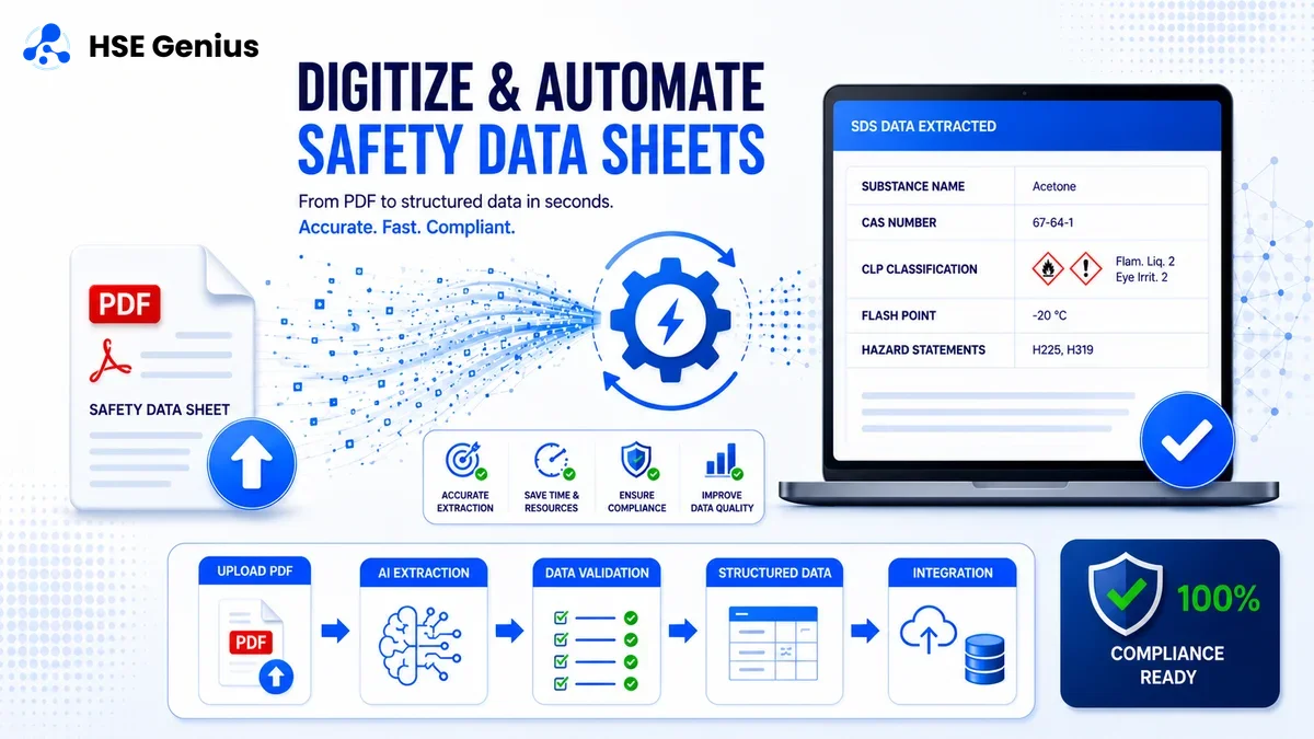 Infografica sull'automazione SDS con HSE Genius: conversione PDF in dati strutturati su dashboard digitale — HSE Genius