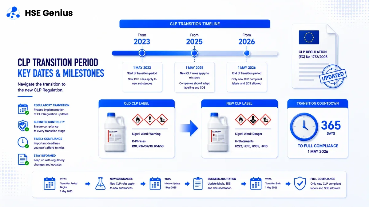 Infografica sulle disposizioni transitorie CLP: timeline 2023-2025-2026, confronto vecchia e nuova etichetta — HSE Genius
