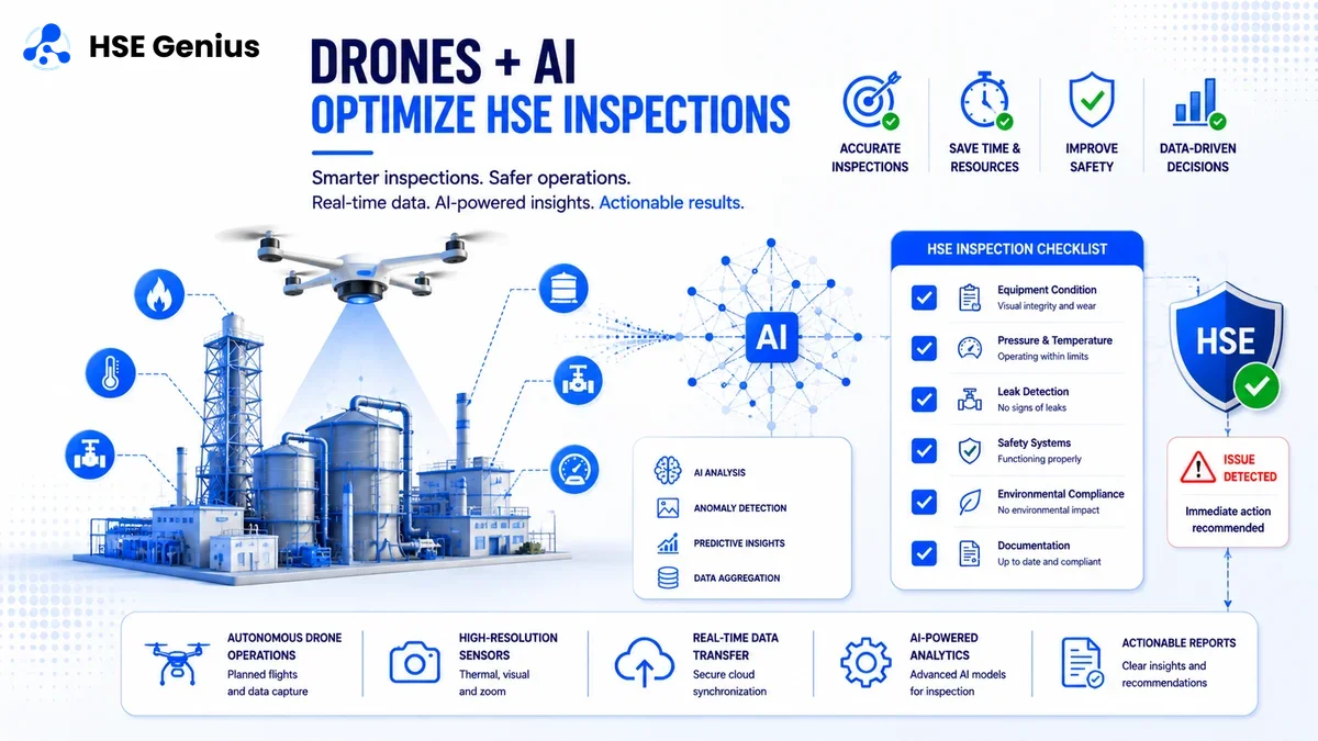 Infografica su droni e AI per ispezioni HSE in impianti: rete di sensori, checklist automatizzata e alert di sicurezza — HSE Genius