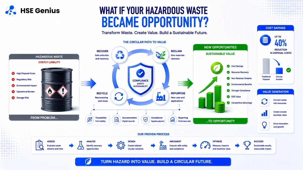 Infografica sull'economia circolare dei rifiuti pericolosi: da fusto di scarto a opportunità con frecce economia circolare — HSE Genius