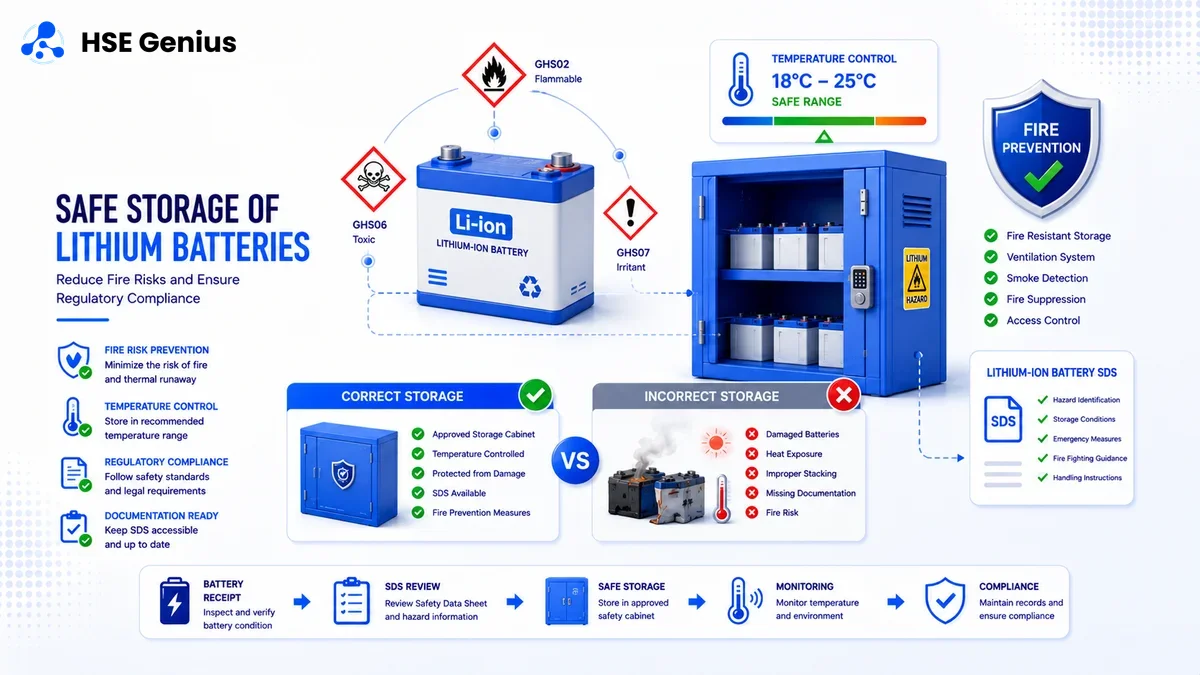 Infografica sulla sicurezza batterie al litio: stoccaggio certificato, pittogrammi GHS02 GHS06 e prevenzione incendi — HSE Genius