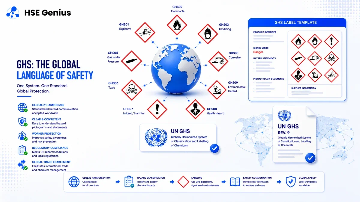 Infografica sul sistema GHS: globo con 9 pittogrammi di pericolo e modello di etichetta internazionale — HSE Genius