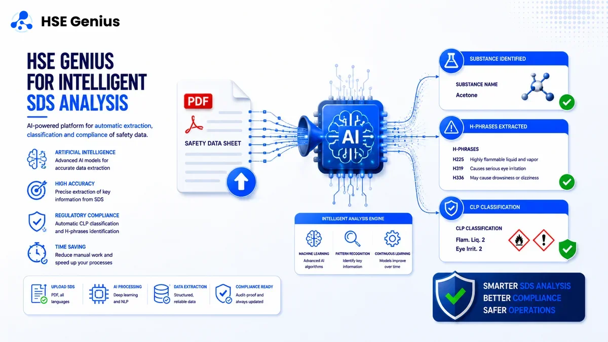 Infografica sull'analisi intelligente SDS con AI: estrazione automatica di frasi H, classificazione CLP e risultato sicurezza — HSE Genius