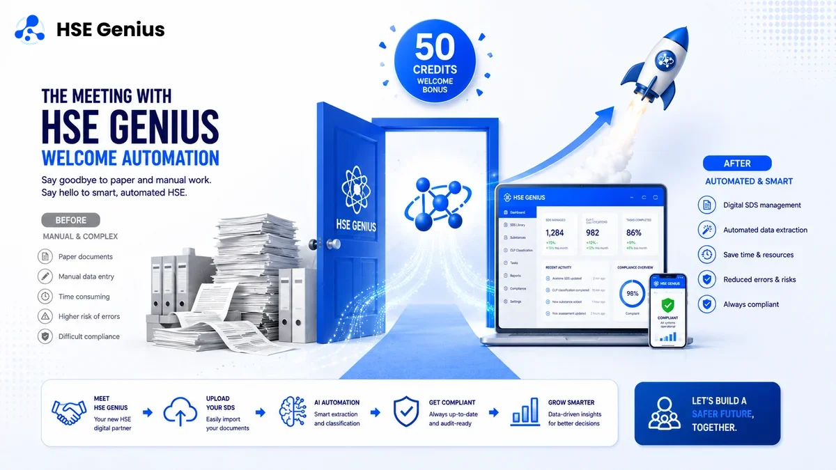 Infografica di benvenuto HSE Genius: confronto tra processo cartaceo e dashboard digitale con 50 crediti gratuiti — HSE Genius