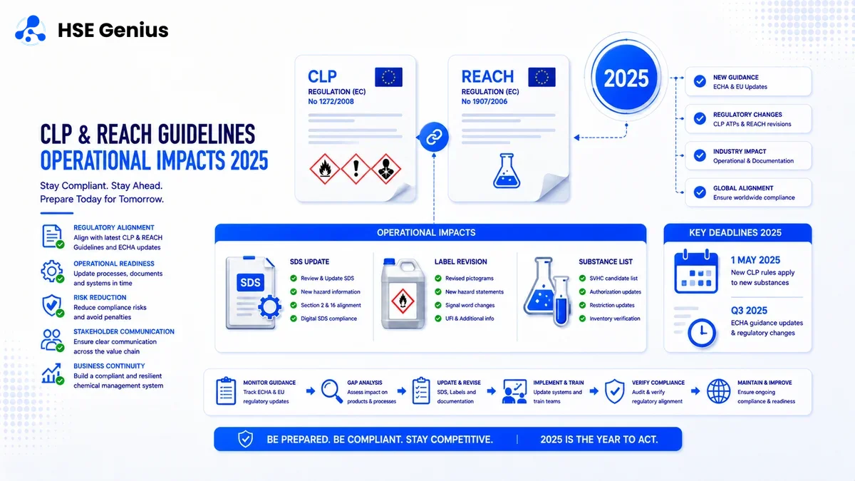 Infografica sulle linee guida CLP e REACH 2025: aggiornamento SDS, revisione etichette e scadenze operative — HSE Genius