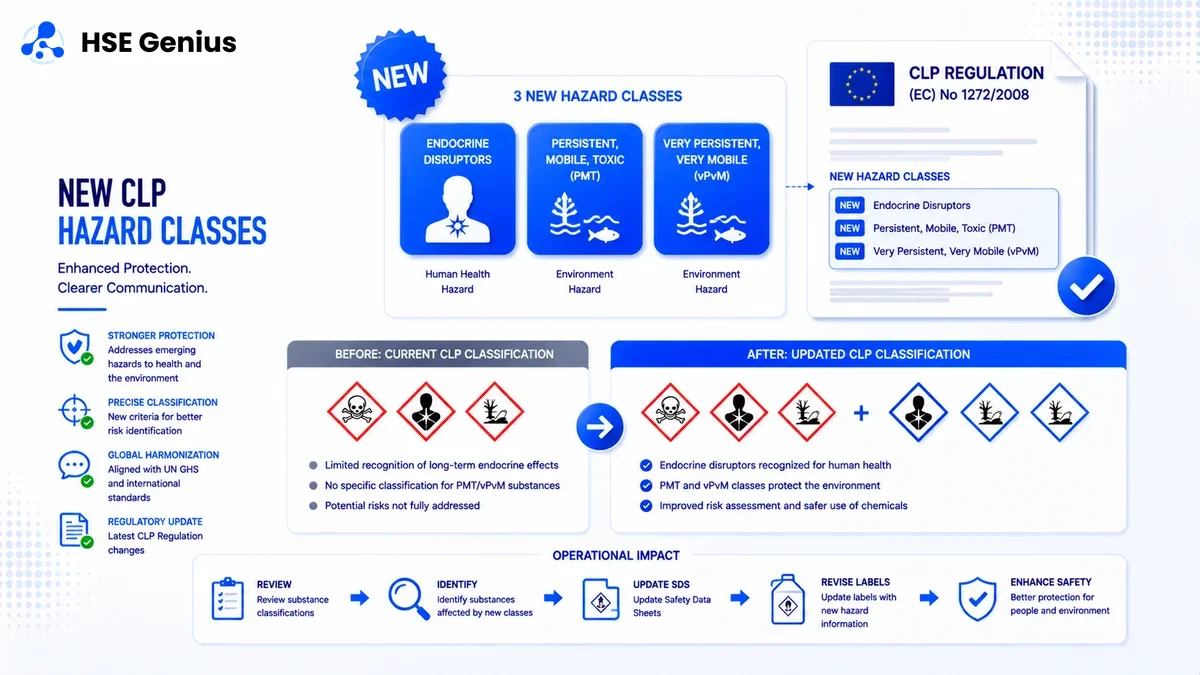 Infografica sulle nuove classi di pericolo CLP 2025: interferenti endocrini, sostanze PMT e vPvM — HSE Genius