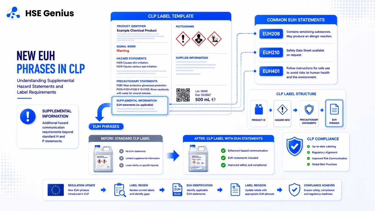 Infografica sulle frasi EUH nel CLP: badge EUH208, EUH210, EUH401 e struttura etichetta CLP con sezioni evidenziate — HSE Genius