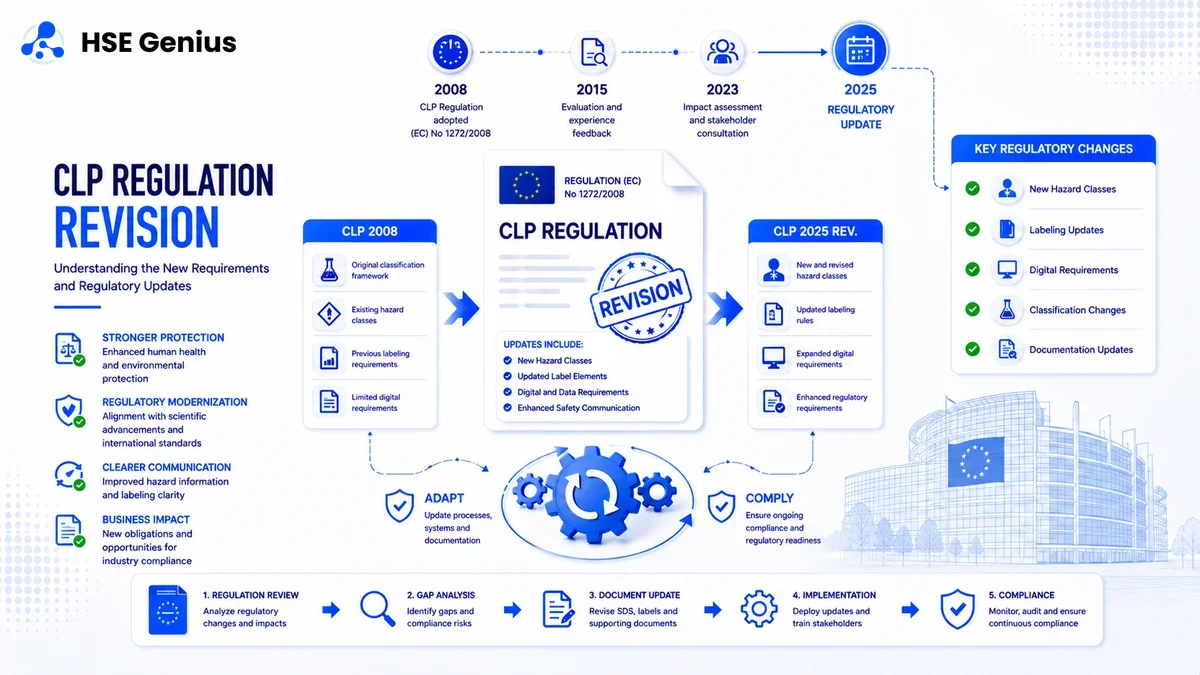 Infografica sulla revisione CLP: evoluzione normativa da CLP 2008 a CLP 2025 e impatti sulla classificazione chimica — HSE Genius