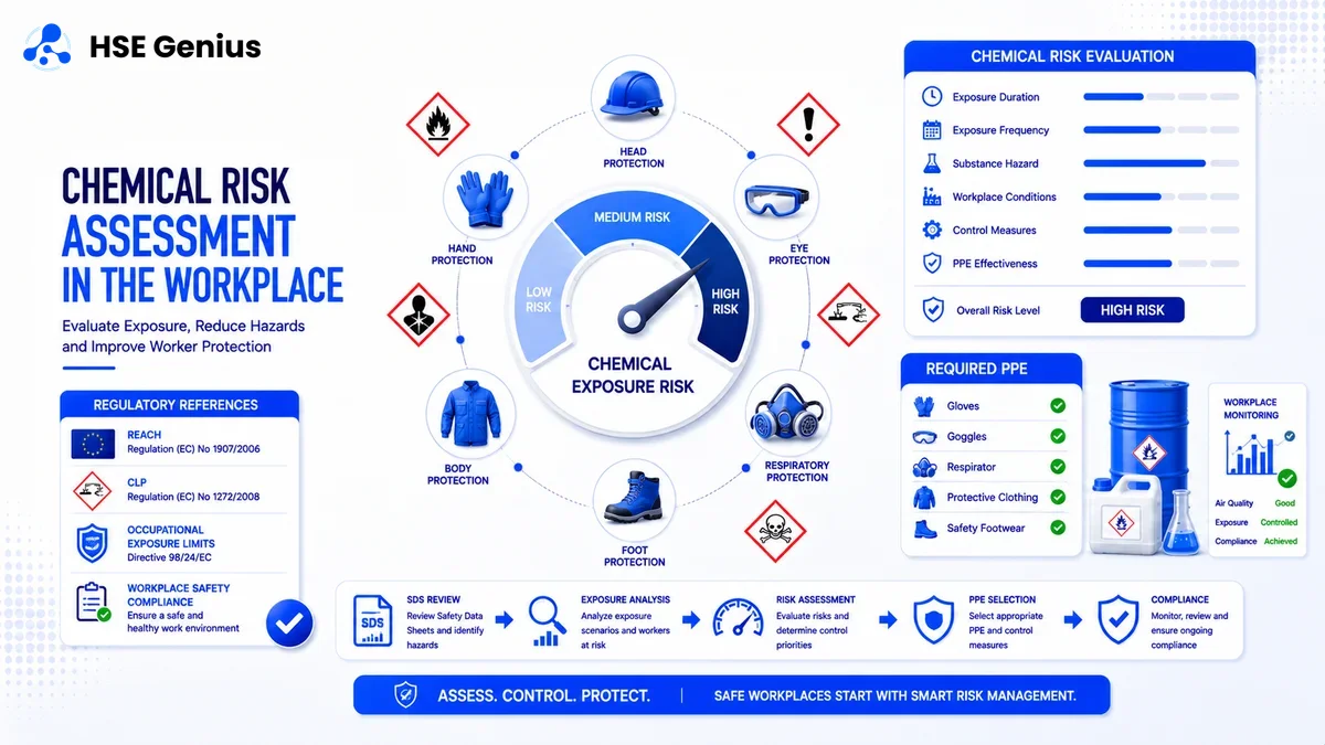 Infografica sul rischio chimico sul lavoro: DPI, manometro di esposizione e valutazione a 3 livelli con pittogrammi GHS — HSE Genius