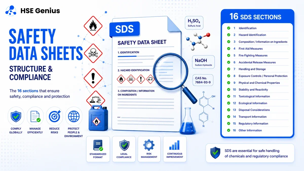 Infografica sulle schede di sicurezza SDS: struttura a 16 sezioni, pittogrammi GHS e formule chimiche — HSE Genius