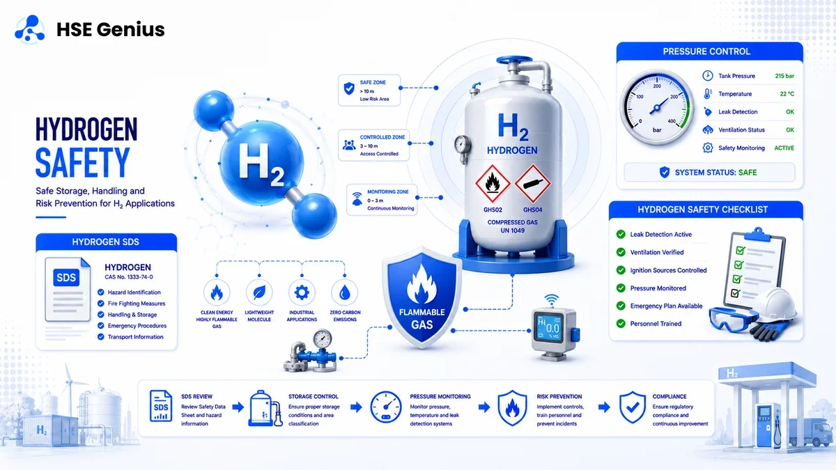 Infografica sulla sicurezza dell'idrogeno H2: serbatoio industriale, zone ATEX, manometro e SDS per gas infiammabile — HSE Genius