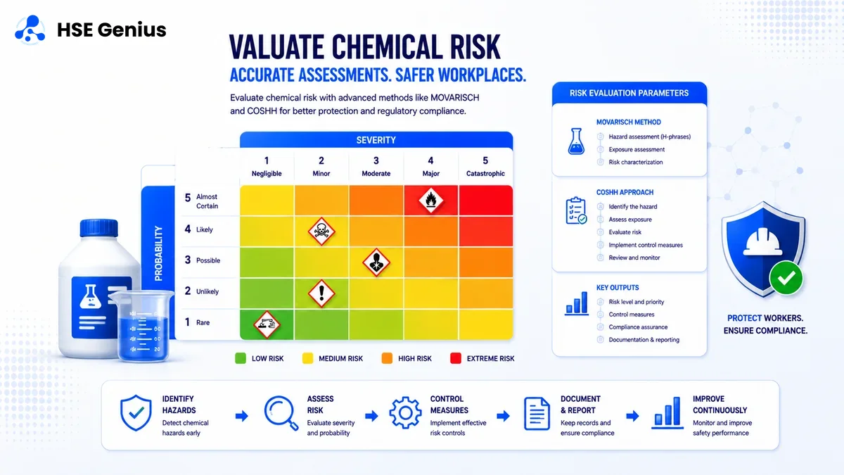 Infografica sulla valutazione del rischio chimico: matrice 5×5 con pittogrammi GHS e parametri MOVARISCH automatizzati — HSE Genius