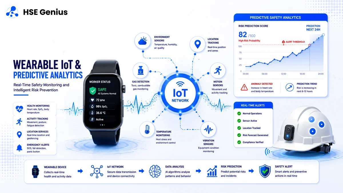 Infografica su wearable IoT e analisi predittiva HSE: smartwatch industriale, hub IoT e grafico trend in tempo reale — HSE Genius